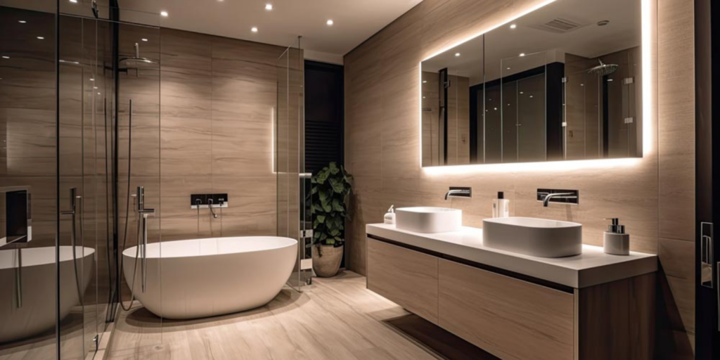 Modern bathroom with high-tech lighting , 2 washing basins, huge wall mirror with high-tech features, and freestanding white bathtub, and shower glass doors.