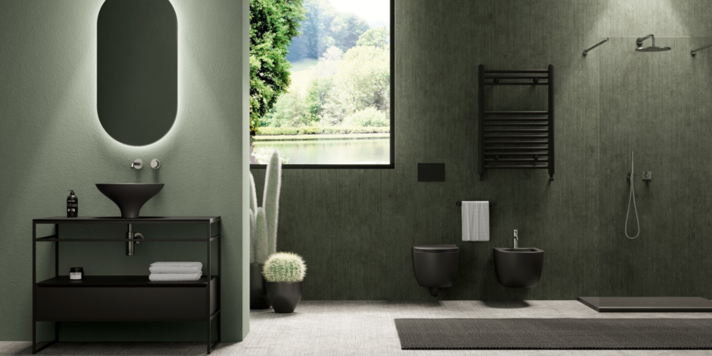 MMonochrome Minimalism in Dark Grey Greenish Bathroom With Black Accessories