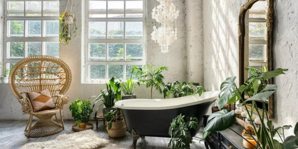 Freestanding Bathtub in a Light Room, Surrounded by Plants, Mirror, Wide Windows, Rag and Chair.